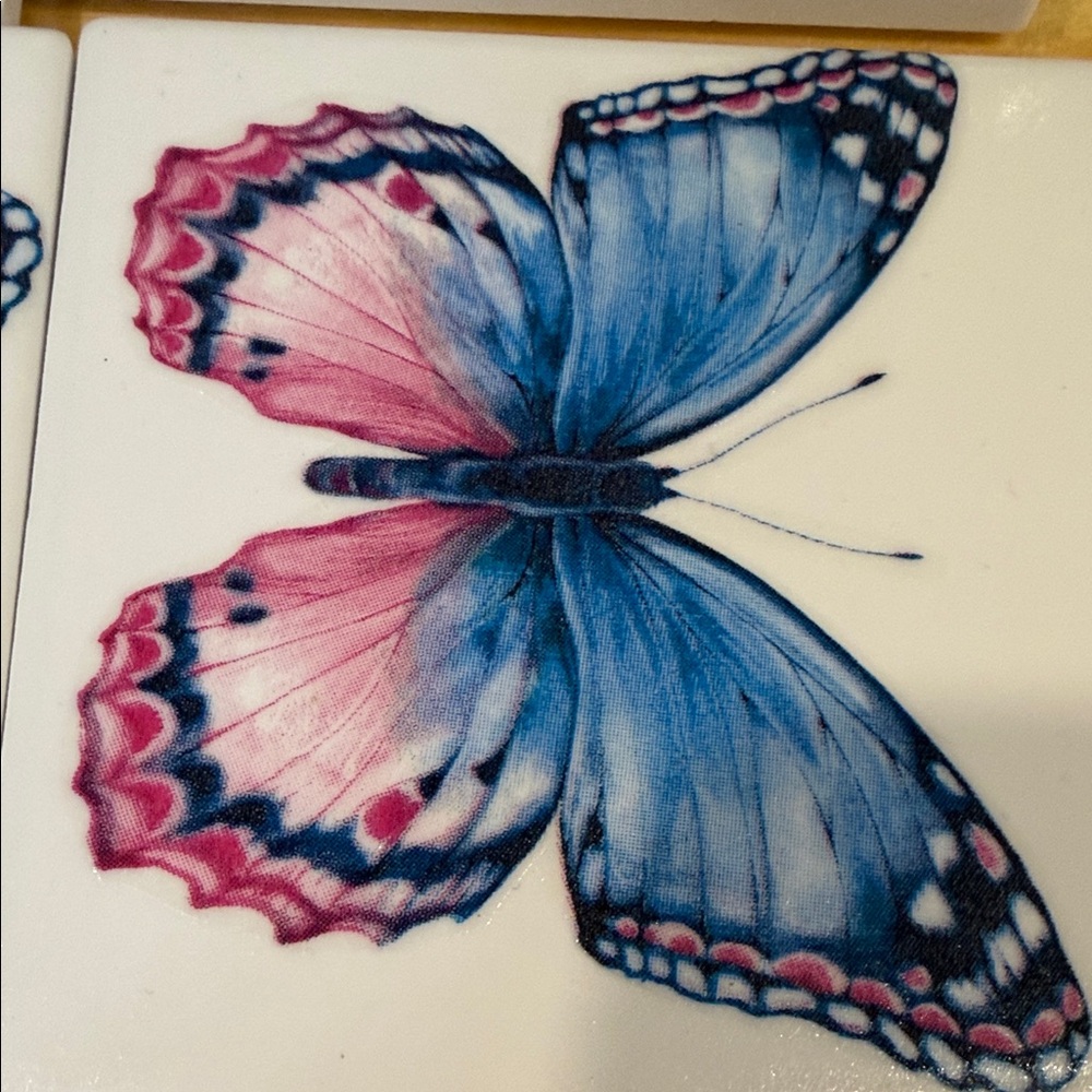 Set of 4 Ceramic Butterfly Coasters - Blue & Pink Wings